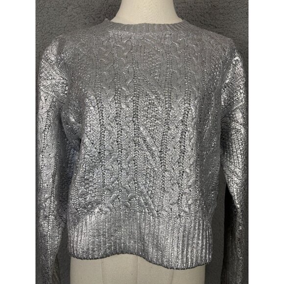 Hooked up by Lot Juniors' Shine Cable-Knit Crewneck Sweater Silver Size XS NWT's - Picture 2 of 8